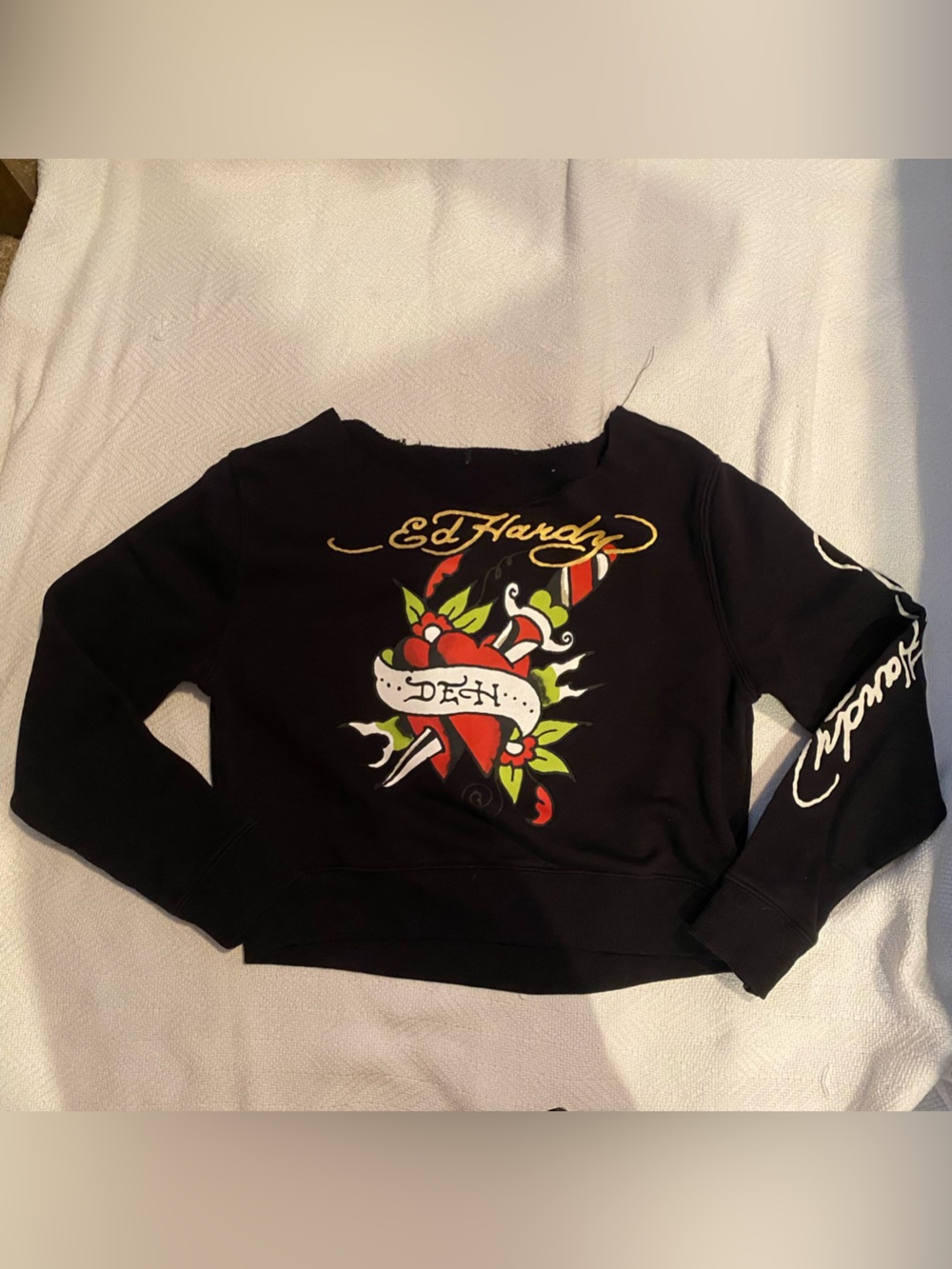 Ed Hardy Black Crewneck with Red & Green Heart Tattoo Print